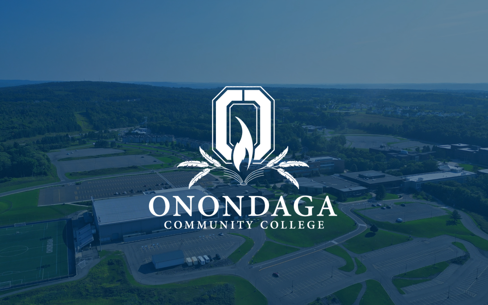 Onondaga Community College Aerial Photo with Blue Overlay & Logo